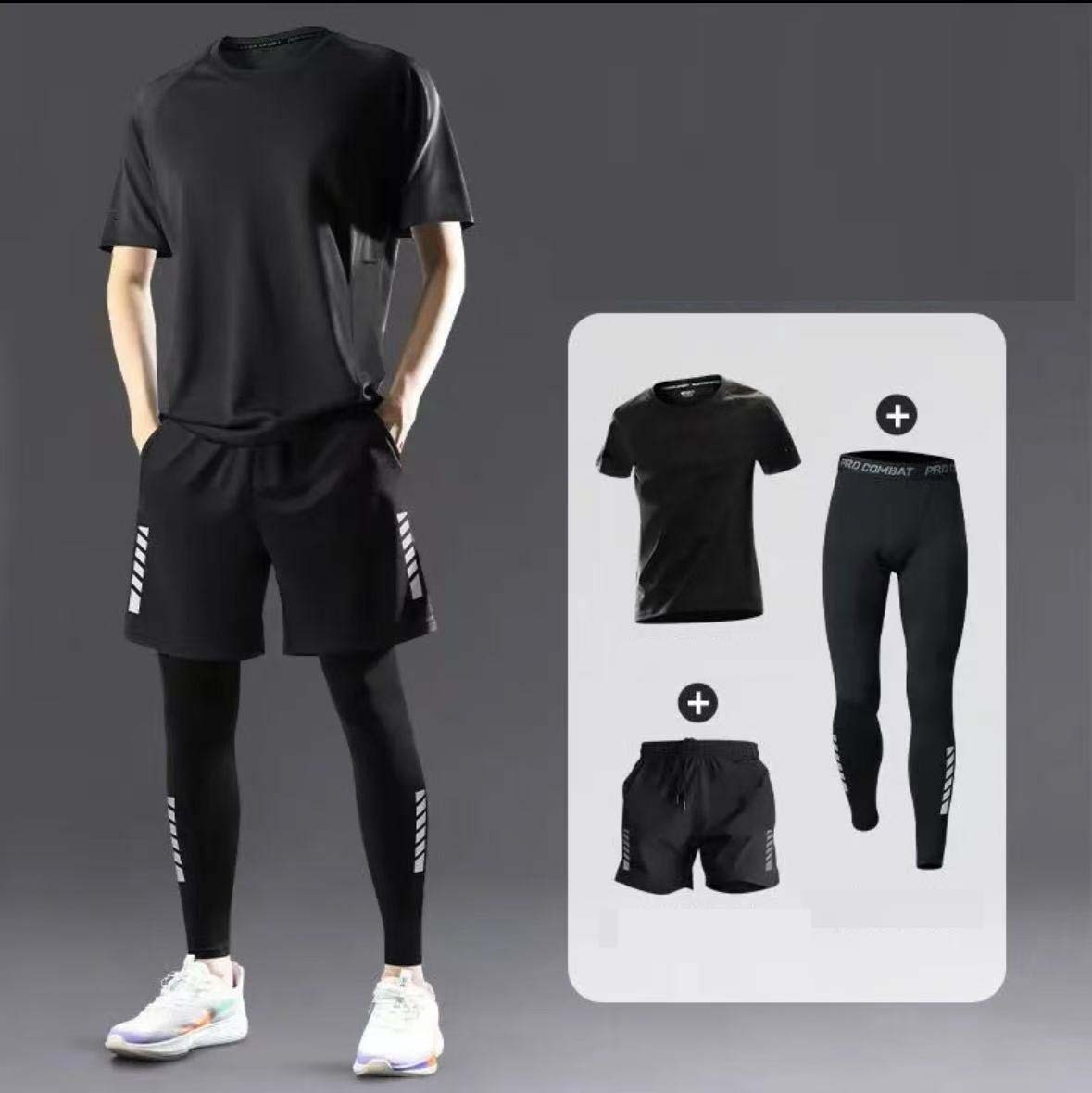 【3点セット】コンプレッションウェア メンズ 上下セット トレーニングウェア 通気 吸汗速乾(サイズ:L)拍卖