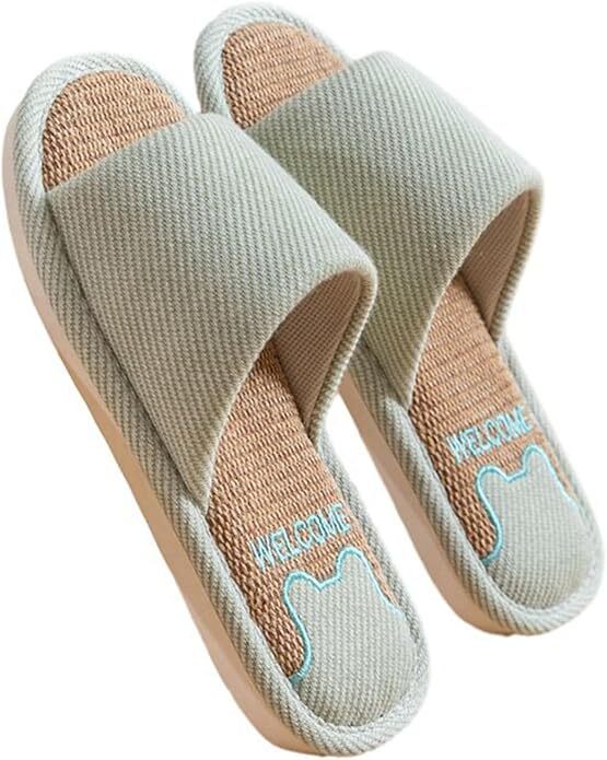 スリッパ リネンスリッパ ルームシューズ 綿麻 通気性 軽量 静音(色: グリーン サイズ: 25.0~25.5cm)拍卖