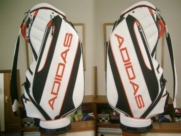 未使用 アディダス スポーティ・デザイン アルファベット文字 合皮レザー 白黒オレンジ ゴルフバッグ拍卖