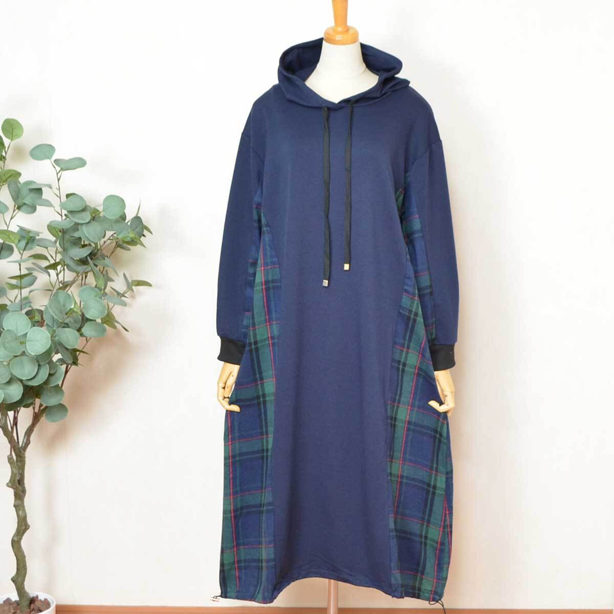 ワンピース レディース サイドチェック柄 パーカー M~L相当 体型カバー 秋冬 C-3165拍卖