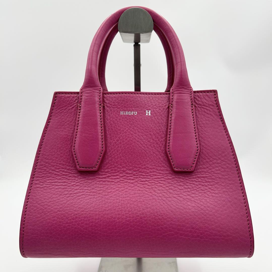 希少色/美品 ヒロフ HIROFU ハンドバッグ ランポ ピンク レザー 革 ロゴ 箔押し 近年モデル拍卖