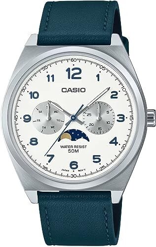 CASIO スタンダード ムーンフェイズ アナログ メンズ 腕時計 MTP-M300L-7AV グリニッシュブルーレザーバンド ホワイト 海外モデル 並行輸入拍卖