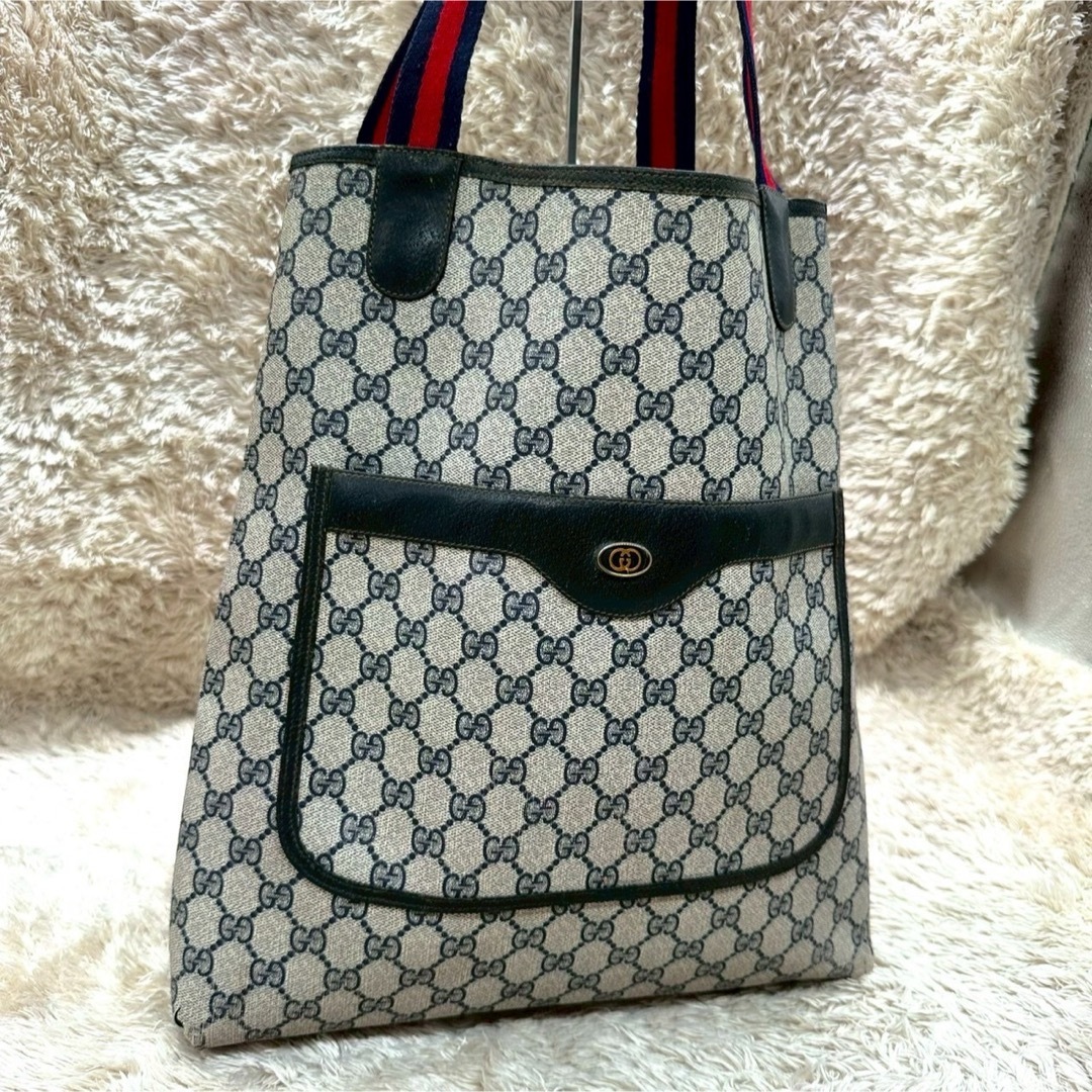 【美品】GUCCI グッチ トートバッグ ネイビー スプリーム GG柄 シェリーライン ユニセックス メンズ レディース ビジネス ハンド 肩掛け拍卖
