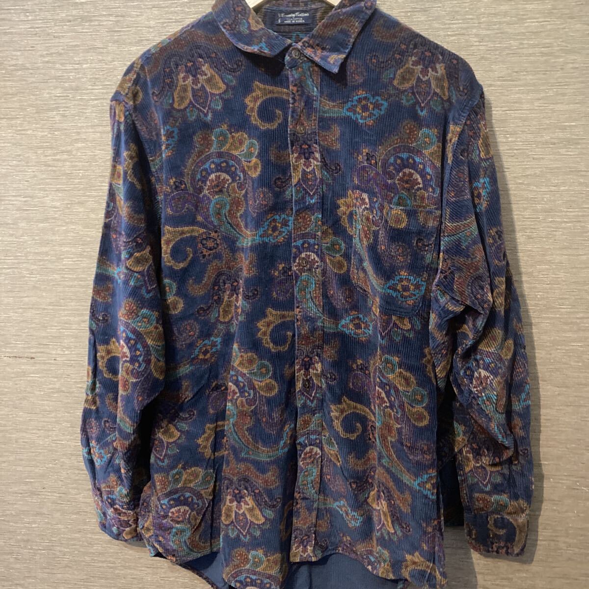 古着 ペイズリー プリント コーデュロイ シャツ XL ☆送料込☆ ネイビー 総柄 長袖 フラワー拍卖