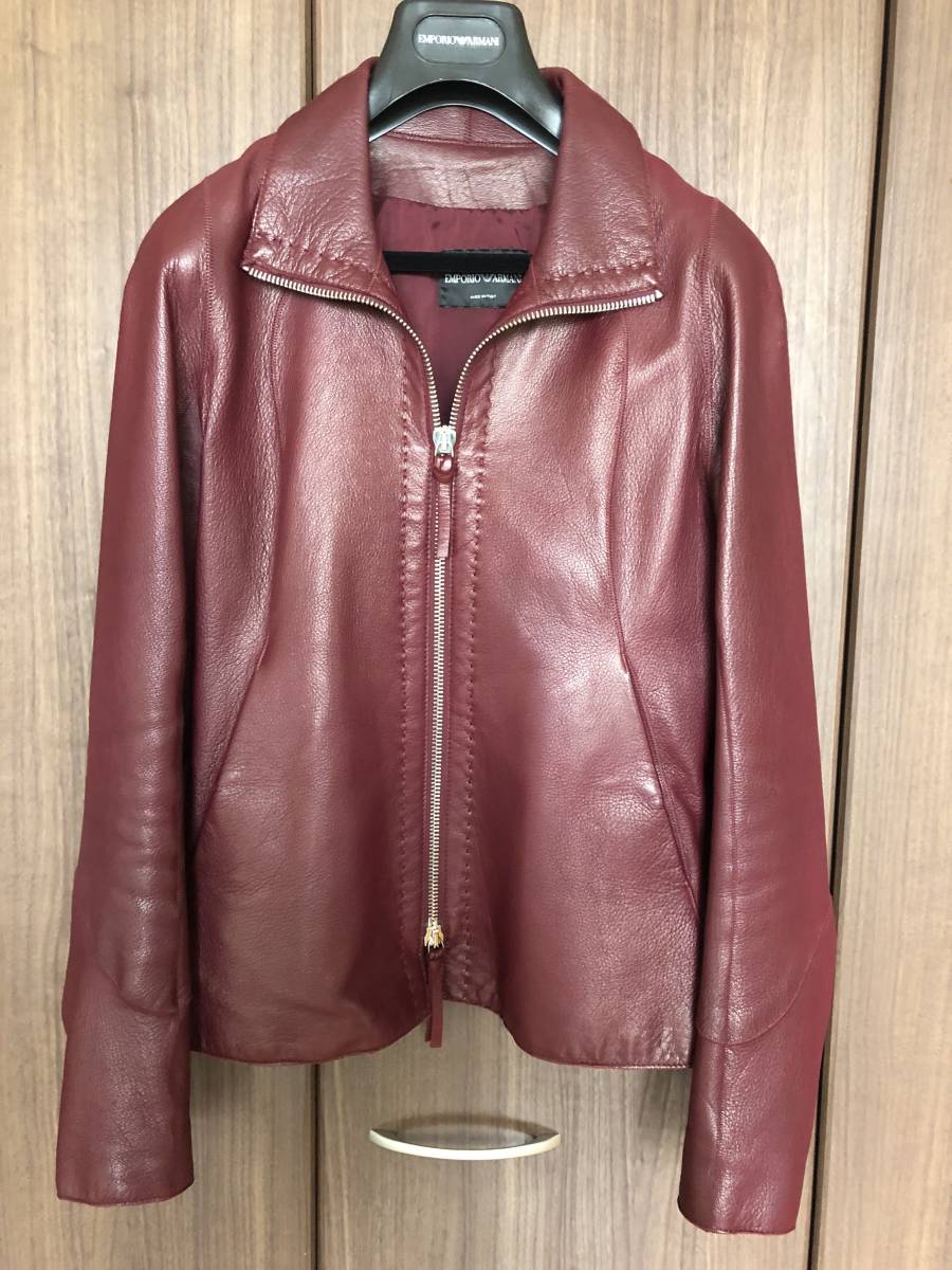 EMPORIO ARMANI レザー 44 バーガンディー ジャケット エンポリオアルマーニ イタリア ワインレッド ゴートレザー 山羊革拍卖