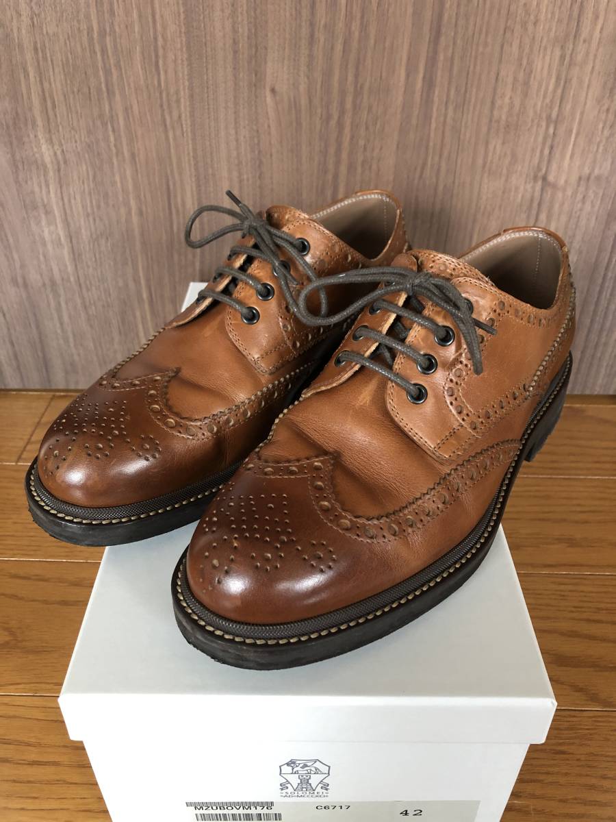 ブルネロクチネリ シューズ 42 ブラウン ロングウィング ブローグ ビブラムソール Brunello Cucinelli イタリア レザー 革靴拍卖
