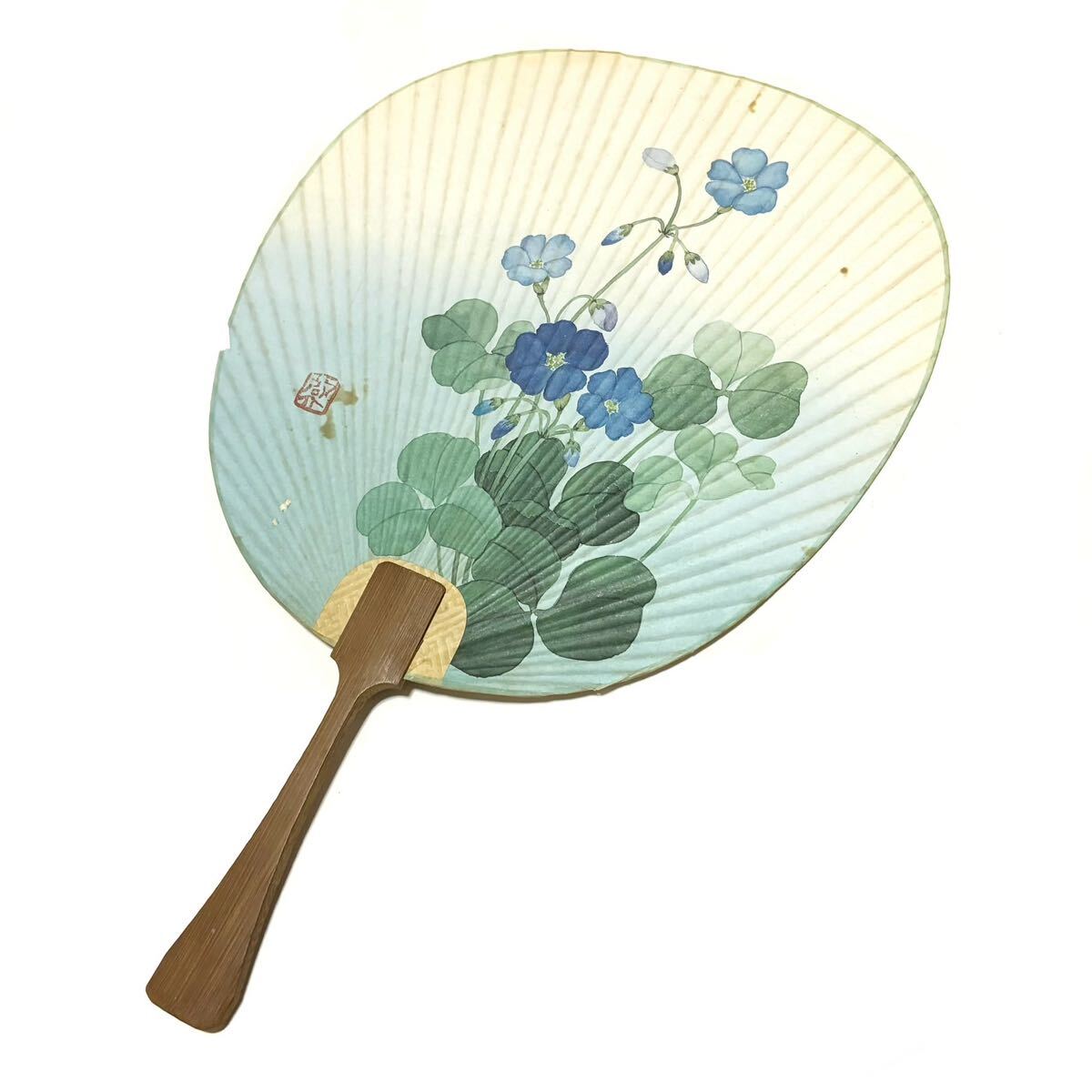 昭和レトロ 団扇 木製 京うちわ 水彩画 アンティーク調 都うちわ 青花 露草色 木製 水彩画 ヴィンテージ ビンテージ 日本の夏 日本製 和拍卖