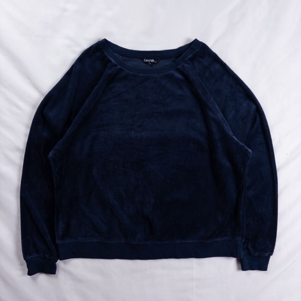 US Vintage George コットン75% ポリエステル25% ラグラン ベロア ベルベット 起毛 単色 プレーン ネイビー 紺 リブ ロンT カットソー 拍卖