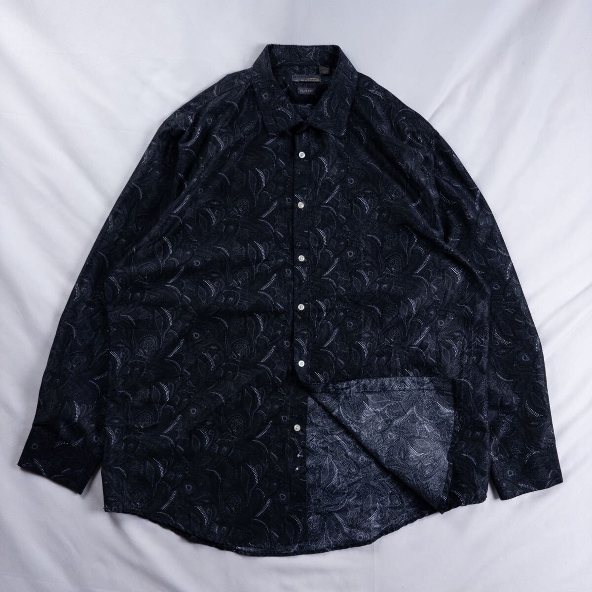 US Vintage 00s BLACK LABEL ポリ コットン ペイズリー柄 リーフ ボタニカル ドレープ モノトーン アート 点描 ブラック 総柄 ポリシャツ拍卖