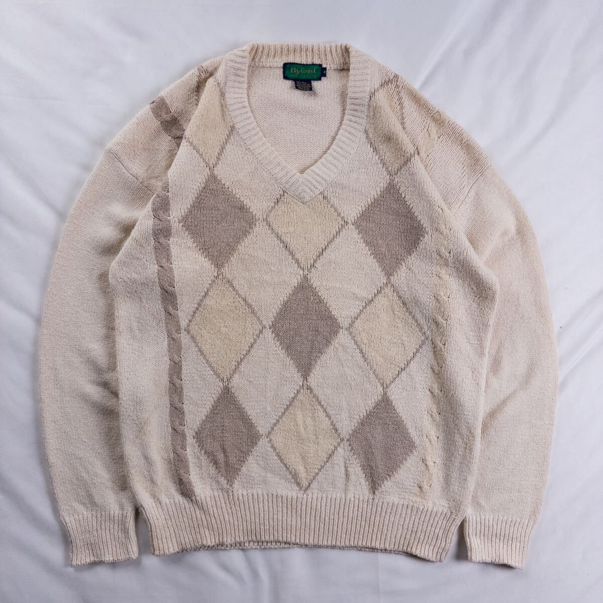 US Vintage 90s Byford シルク80% コットン20% Vネック アーガイルチェック ダイヤ 立体 ケーブル ベージュ 総柄 デザインニット拍卖