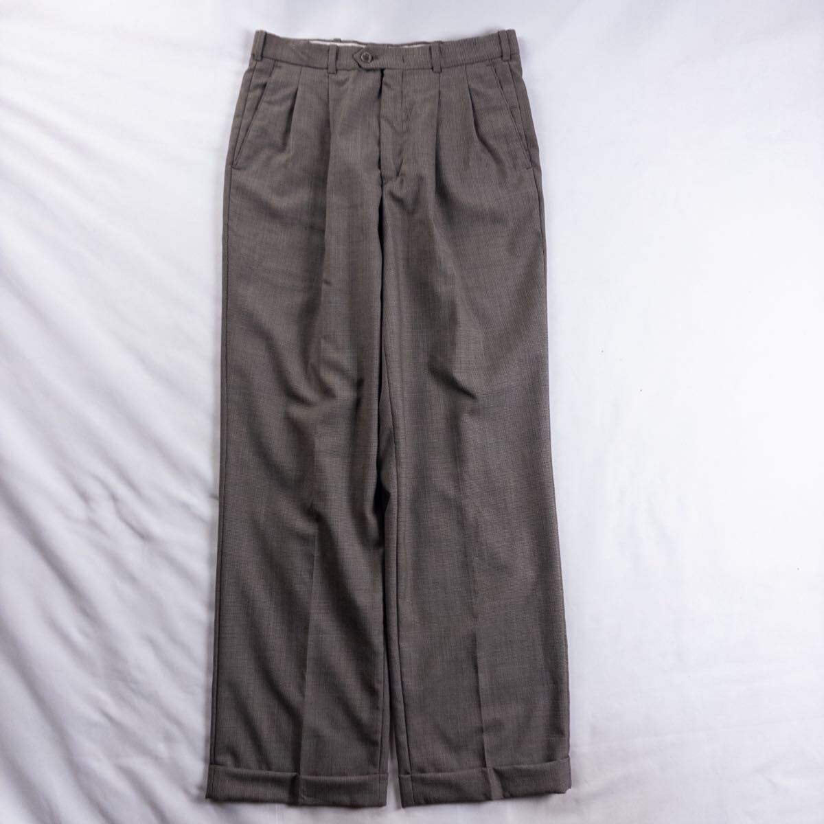 US Vintage メキシコ製 90s BILL BLASS ウール ツータック 異素材 織り パターン 総柄 レトロ ワイド ドレス スラックス トラウザーズ拍卖