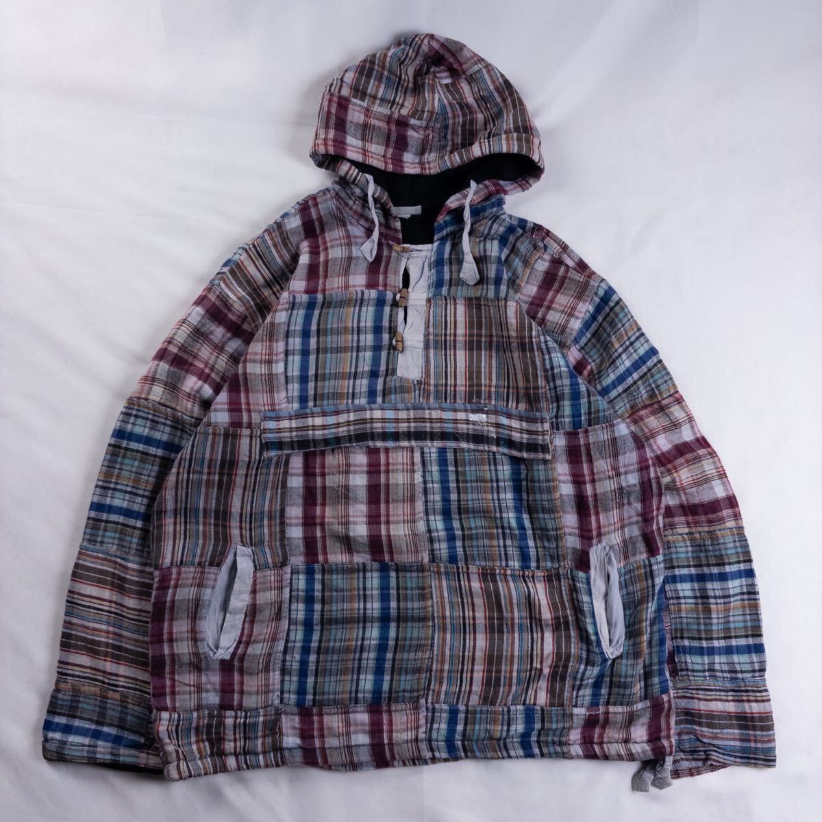 Vintage Unknown コットン 裏起毛 ハーフボタン ウッドボタン パッチワーク チェック 格子 エスニック 民族 総柄 パーカー フーディ拍卖