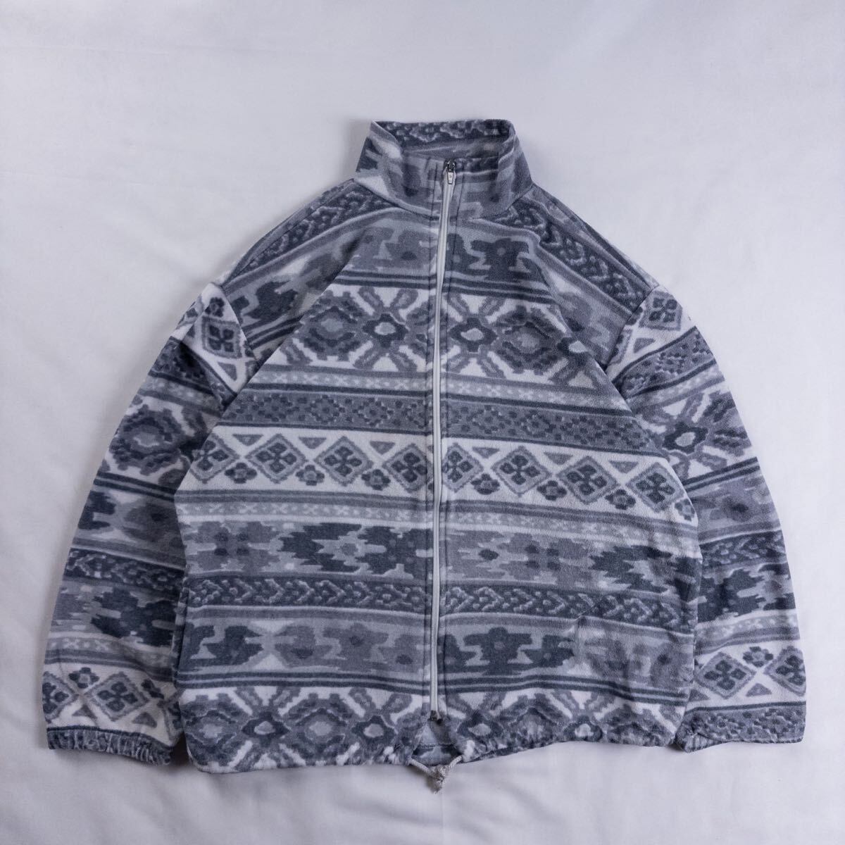 Euro Vintage Unknown ポリ くすみカラー ノルディック柄 エスニック 民族 幾何学 アート ボーダー ジップアップ 総柄 フリースジャケット拍卖