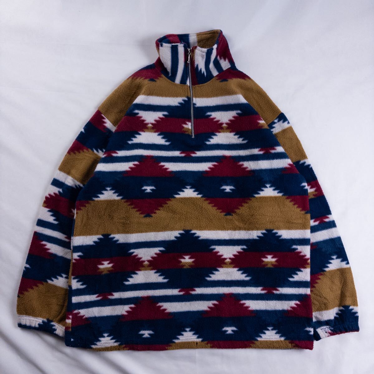 Euro Vintage スペイン製 90s Unknown ポリ ハーフジップ ネイティブ柄 オルテガ エスニック 民族 幾何学 アート 総柄 フリースジャケット拍卖
