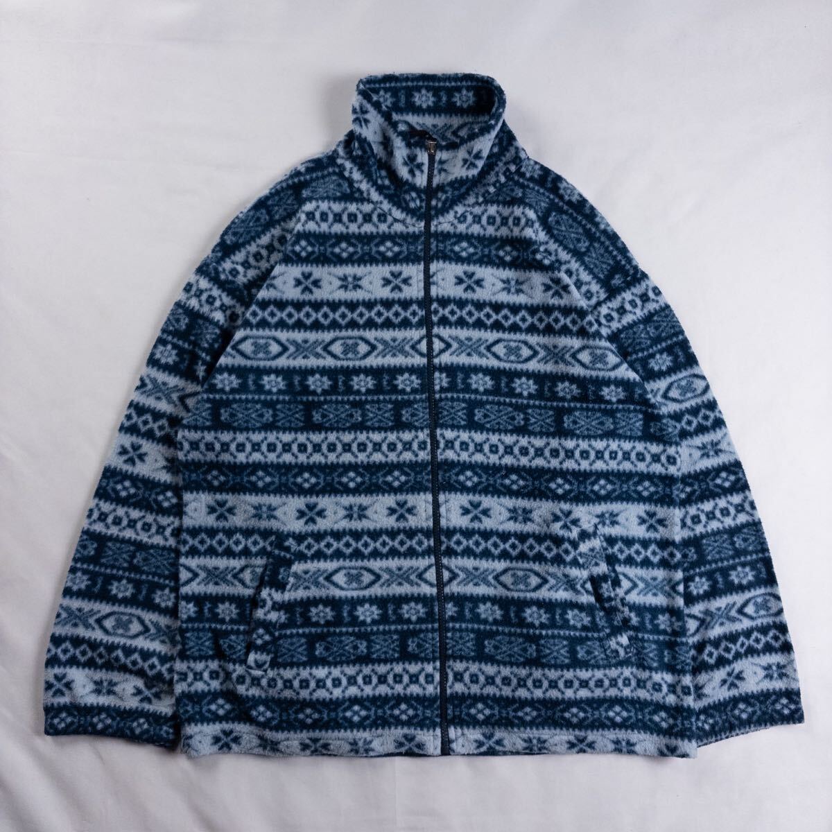 US Vintage 90s BLACK STONE ポリ ノルディック柄 幾何学模様 アート エスニック 民族 ボーダー ジップアップ 総柄 フリースジャケット拍卖