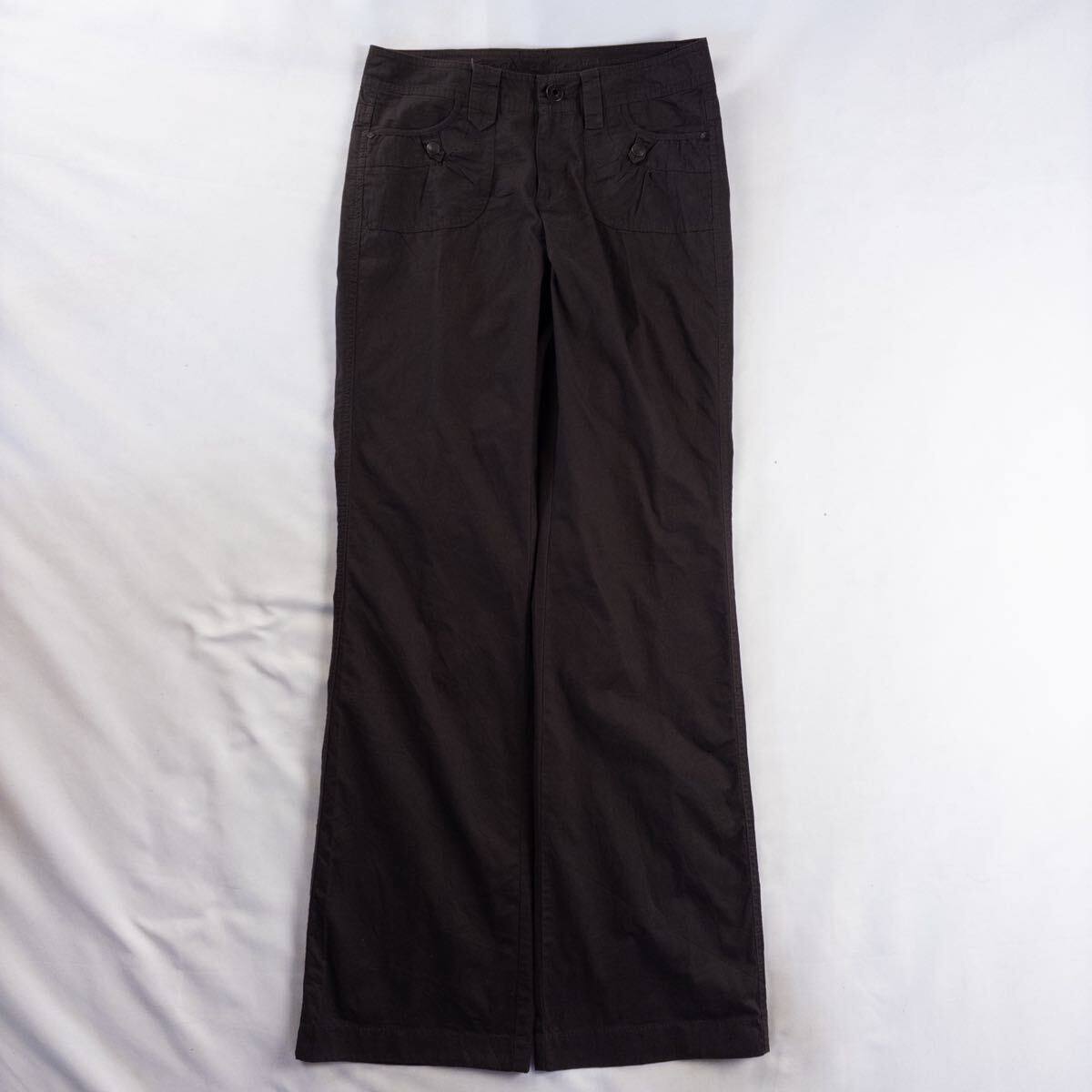 Euro Vintage ESPRIT コットン100% ツイル ギミック 刺繍 ロゴ ダークブラウン ワイド ベルボトム ブーツカット フレア カーゴパンツ拍卖