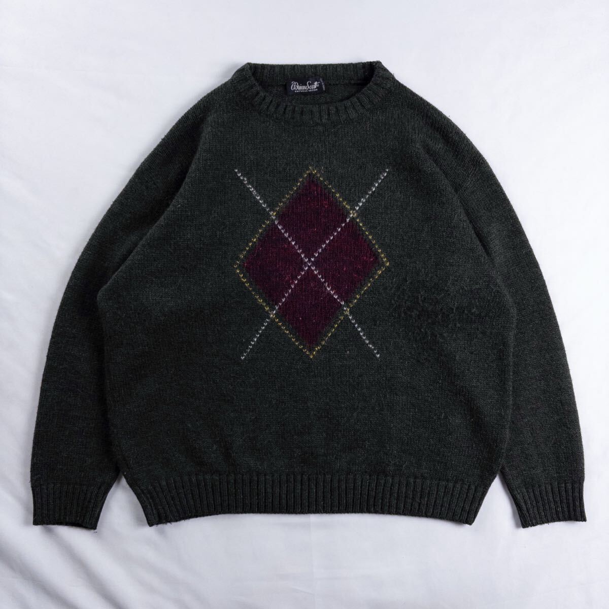 Euro Vintage イタリア製 90s Brain Scott ウール アクリル アーガイルチェック ダイヤ クラシック トラッド モスグリーン デザインニット拍卖