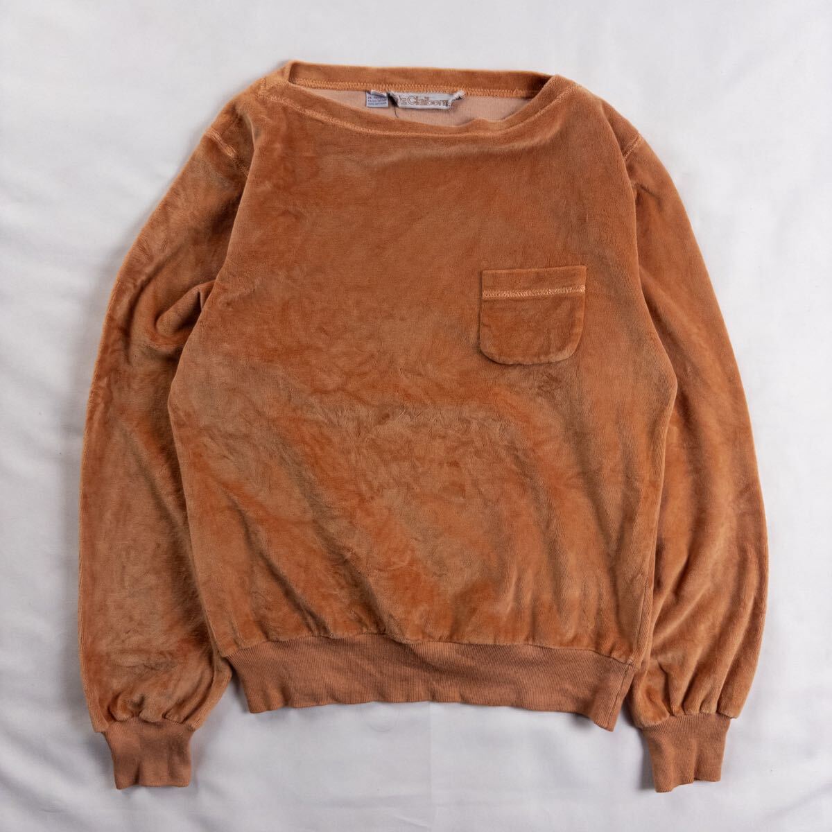 US Vintage 90s Liz Claiborne コットン ポリ 起毛 ベロア ベルベット 胸ポケット 単色 プレーン オレンジ リブ ロンT カットソー 拍卖