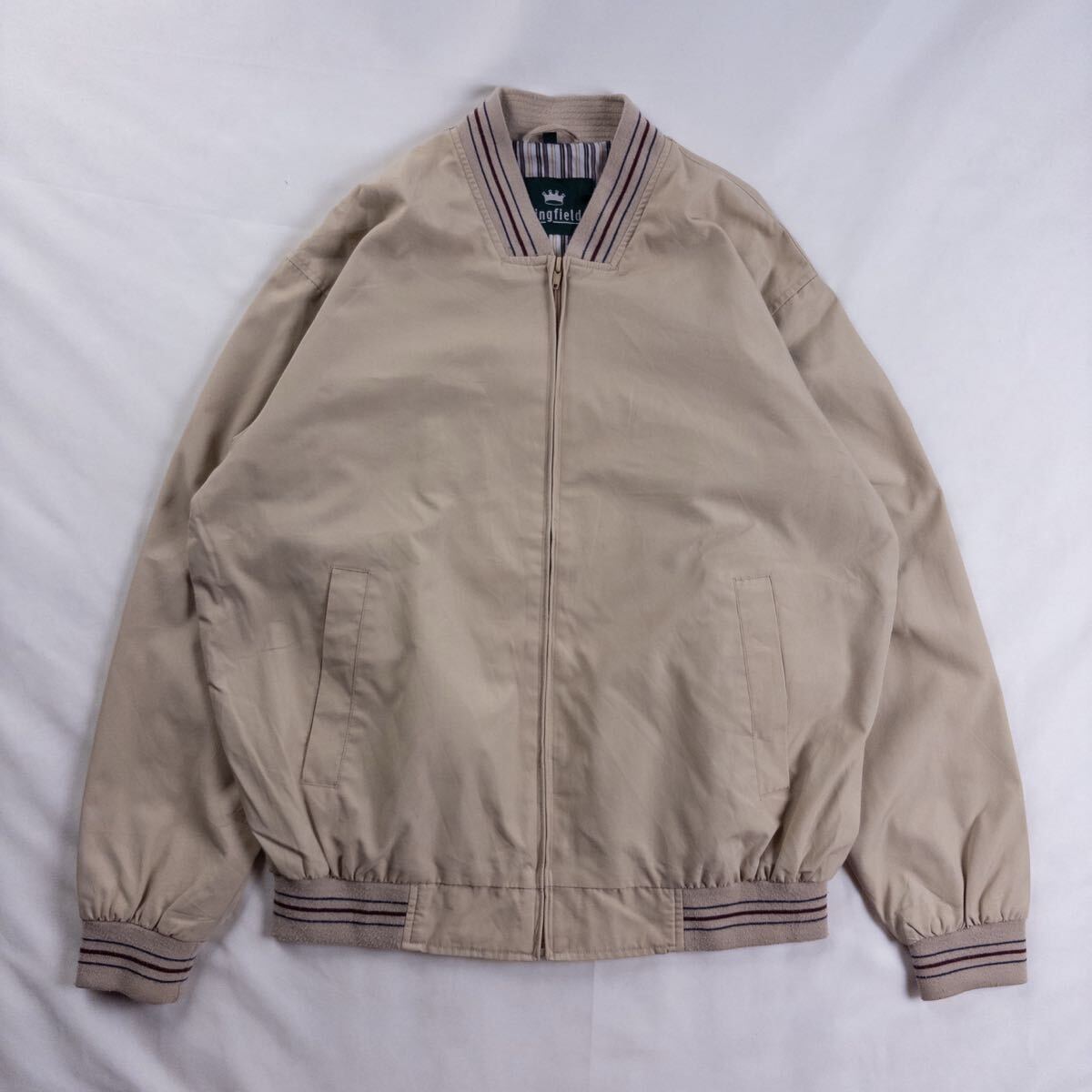 Euro Vintage 90s KING FIELD コットン ポリ 単色 プレーン ベージュ カーキ リブ ボーダー スウィングトップ ダービージャケット ブルゾン拍卖