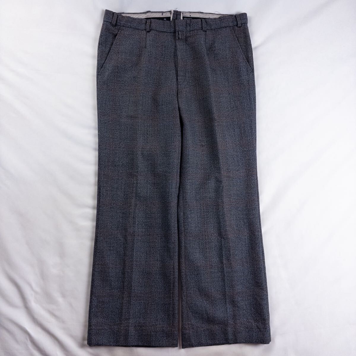 Euro Vintage 60s Unknown ポリウール ノータック グレンチェック 片爪 OPTI レトロ フレア ワイド バギー ドレス スラックス トラウザーズ拍卖