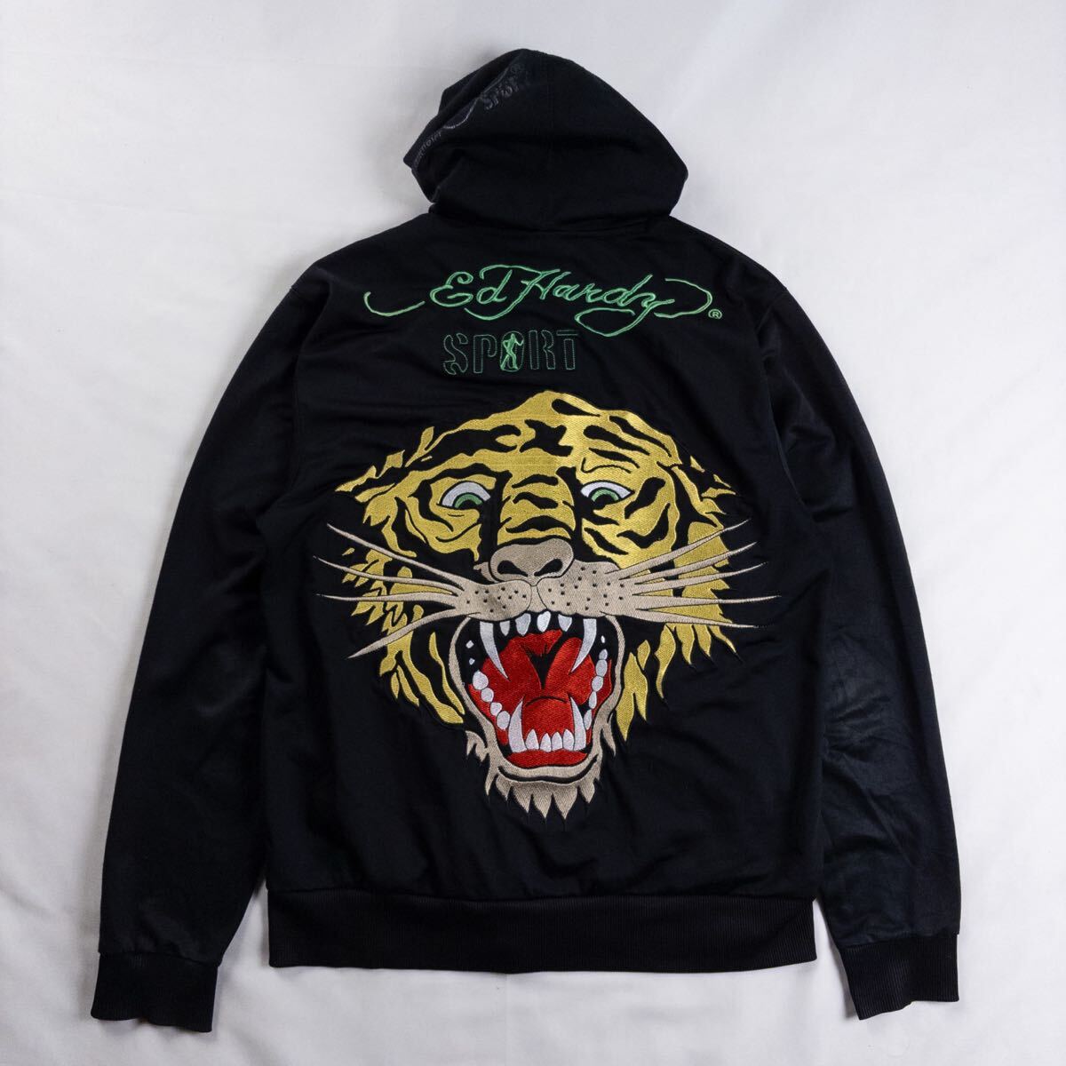 US Vintage Ed Hardy エドハーディー ポリ 刺繍 立体 ロゴ トラ 虎 アニマル Y2K ストリート ブラック 黒 メッシュ パーカー フーディー拍卖
