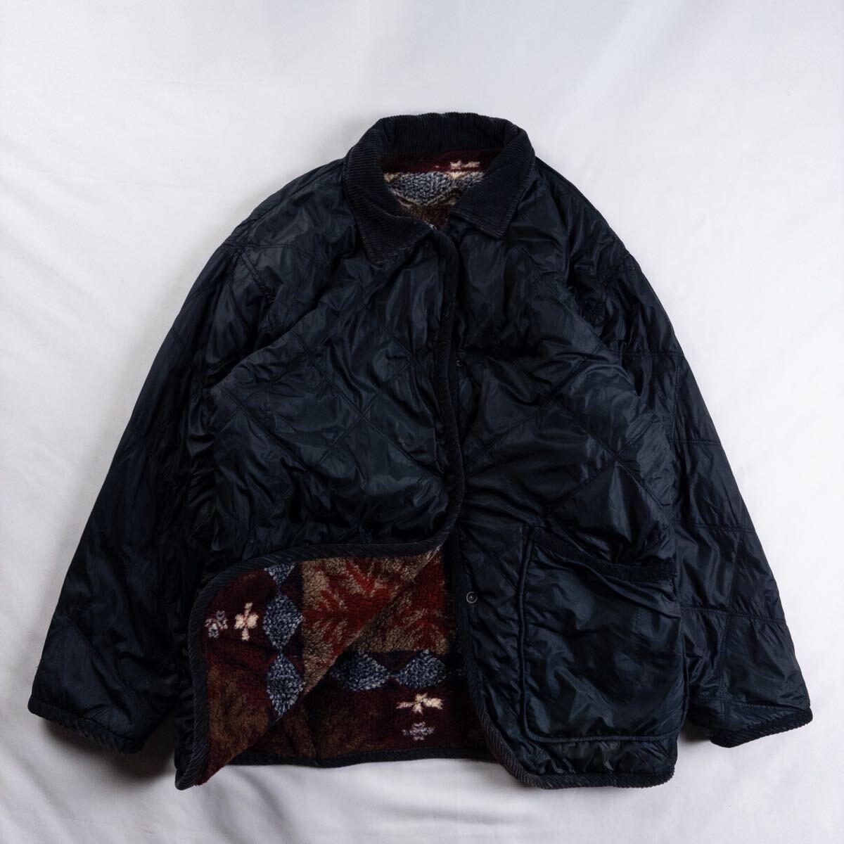 US Vintage Unknown ポリ キルティング 切り替え コーデュロイ ボア ネイティブ エスニック ブラック 短丈 ショート丈 ジャケット ブルゾン拍卖