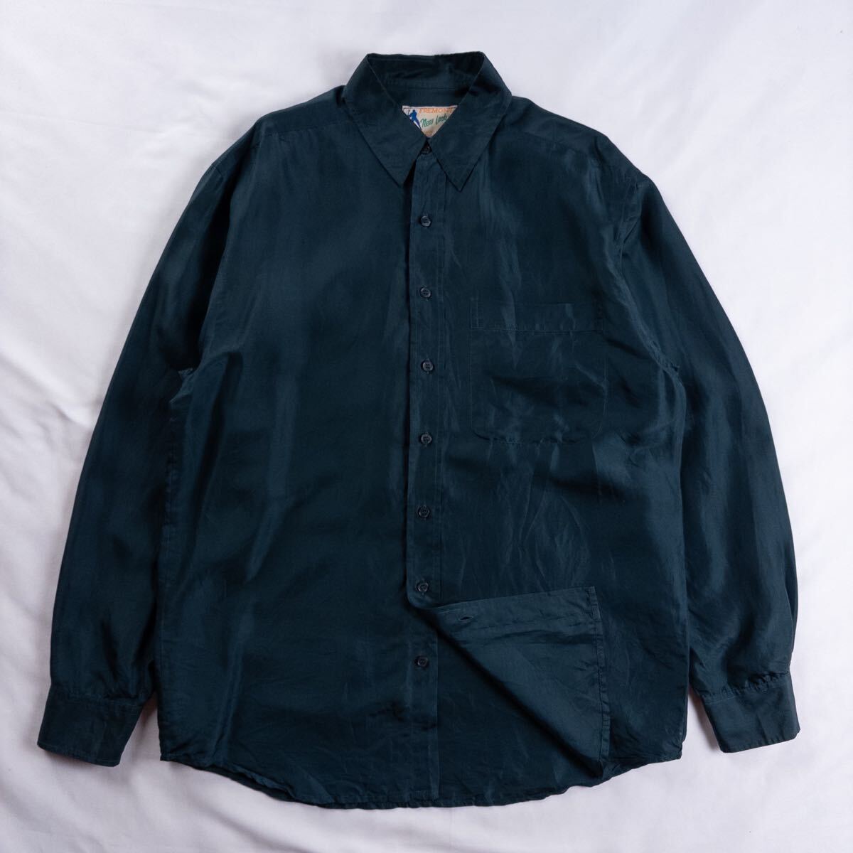 US Vintage 80-90s FREMONT シルク100% 光沢 とろみ ドレープ ラグジュアリー 単色 プレーン グリーン 緑 ドレス デザインシャツ拍卖