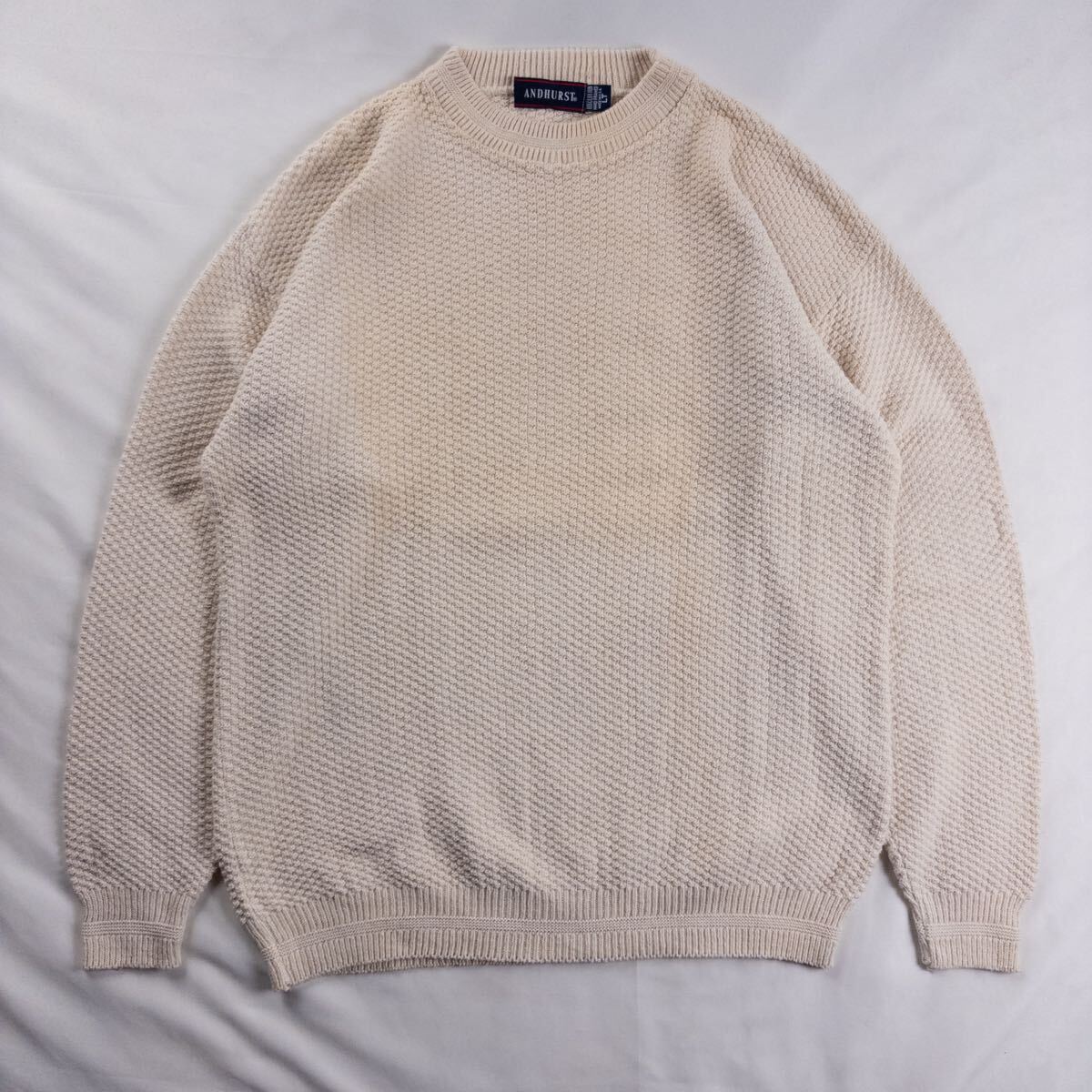 US Vintage アメリカ製 90s ANDHURST コットン ハンドフレームド 鹿の子 立体 3D 単色 プレーン クリーム アイボリー ローゲージ ニット拍卖