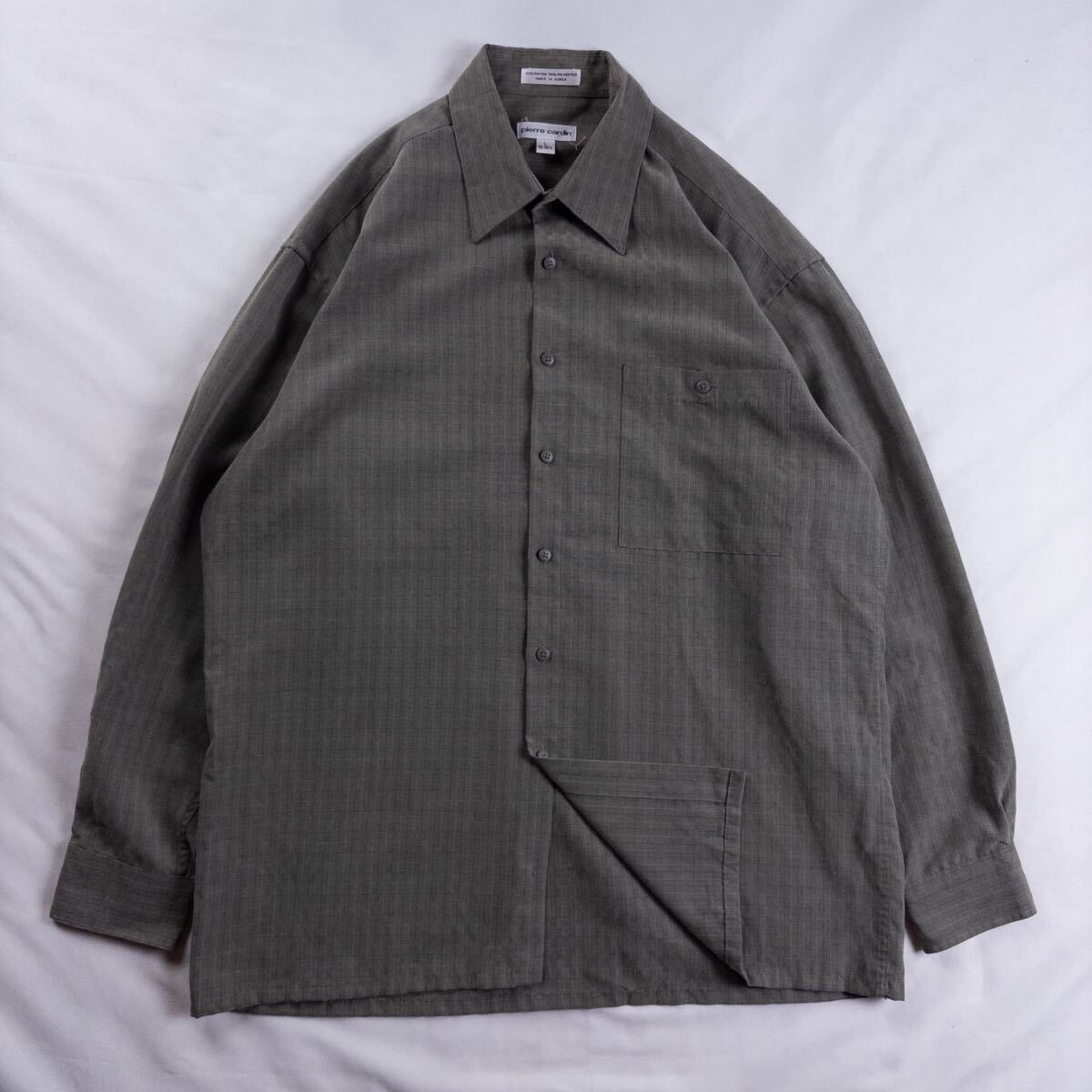 Euro Vintage 90s Pierre Cardin レーヨン ポリ くすみカラー 格子 ブロック チェック 幾何学模様 とろみ ドレープ 総柄 デザインシャツ拍卖