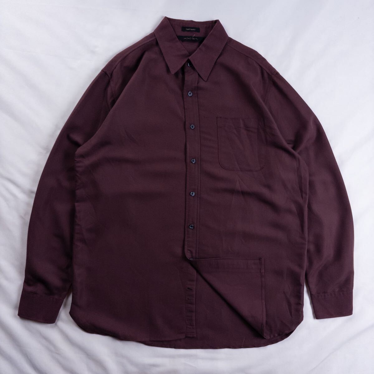 US Vintage 00s AXIST レーヨン ポリ 異素材 立体 ピケ 光沢 とろみ ドレープ ラグジュアリー 単色 プレーン ボルドー 臙脂 ドレス シャツ拍卖