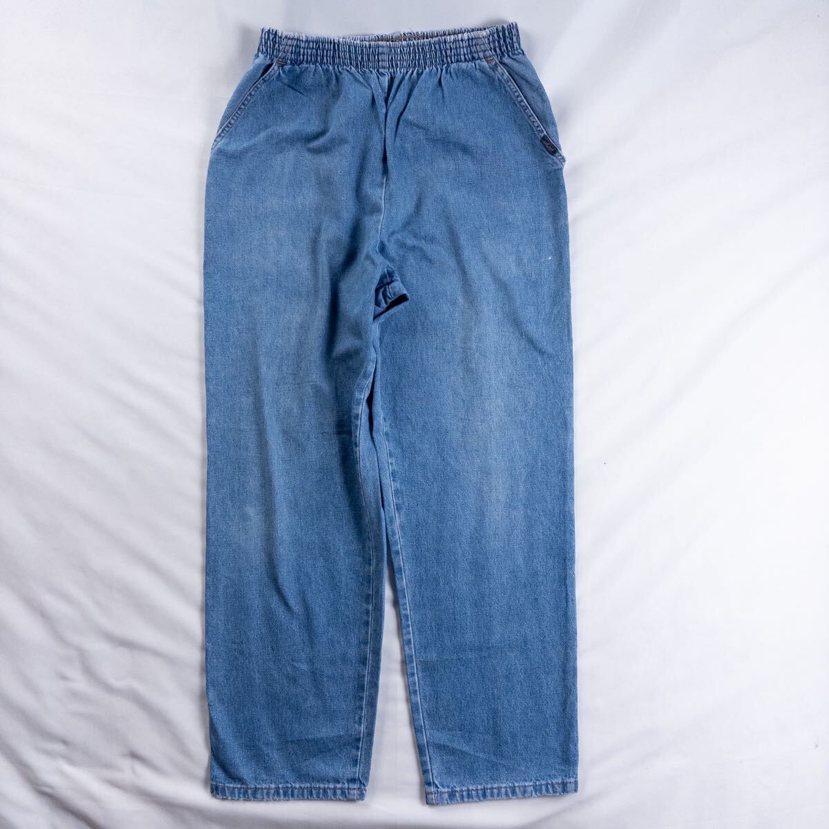US Vintage 90s chic コットン100% ゴムウエスト ライトブルー アイスウォッシュ フェード ワイド バギー デニム イージーパンツ拍卖