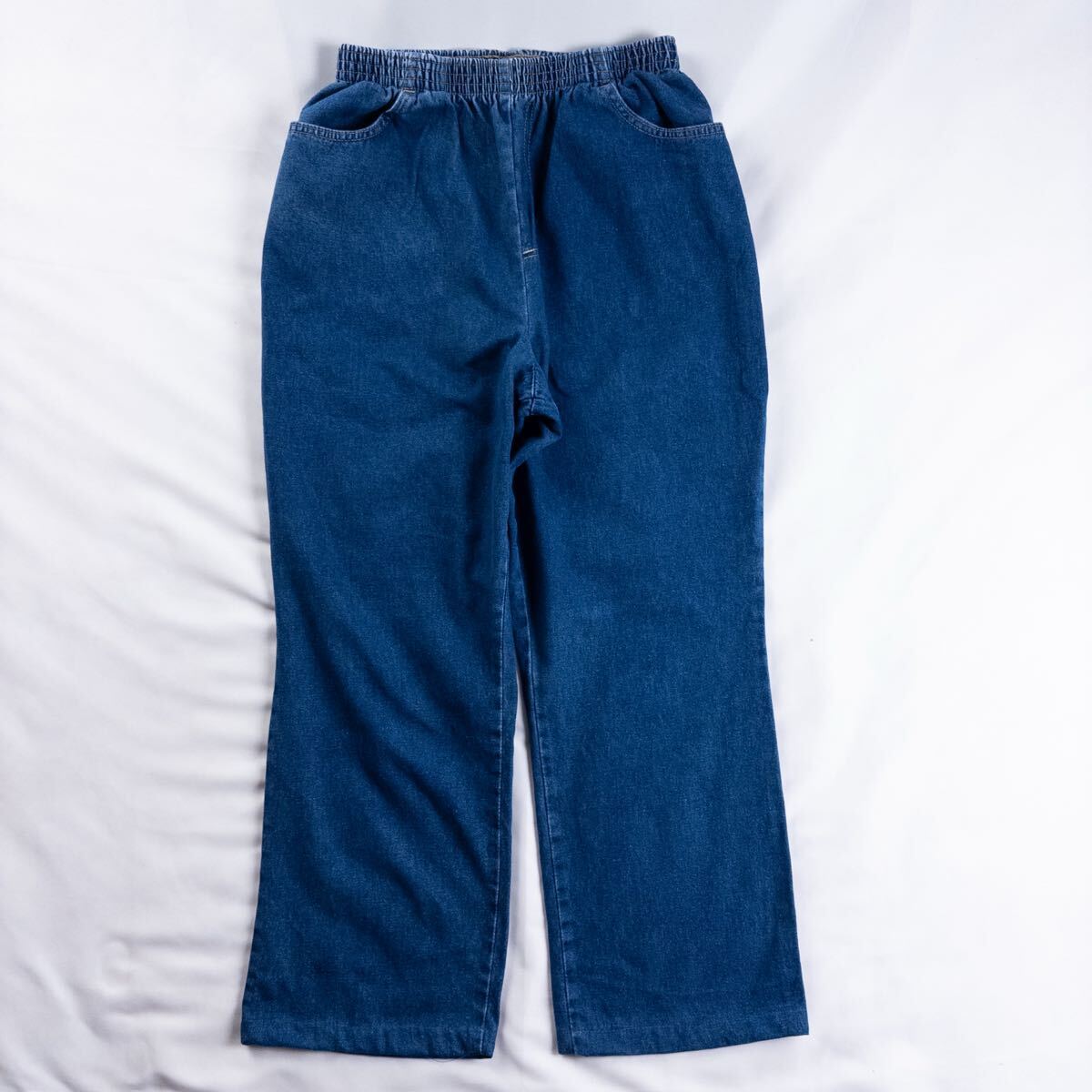 US Vintage 90s chic コットン100% ゴムウエスト ブルー フレア ワイド バギー デニム イージーパンツ 拍卖