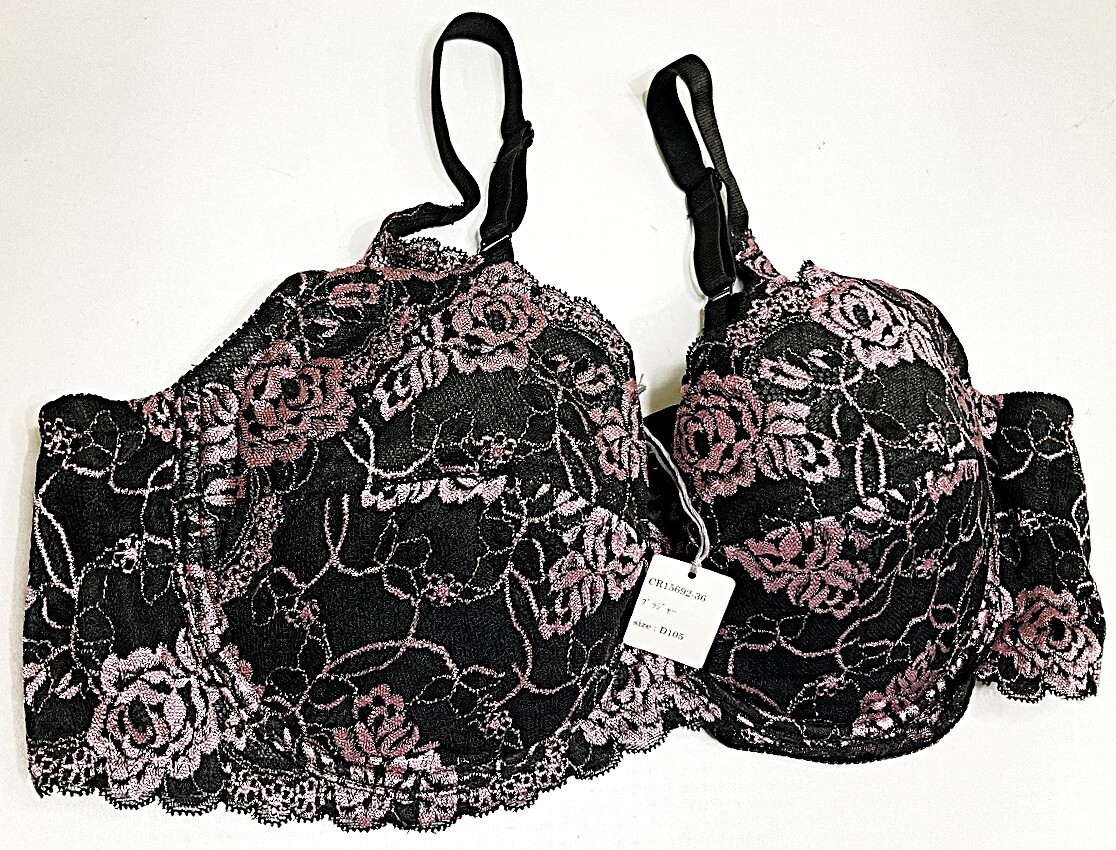 CR15692-36 IB⑦【特価】新品 大きい ブラジャー D105 ブラック 花柄 レース 3/4カップ ストレッチ おしゃれ 華やか レディース拍卖