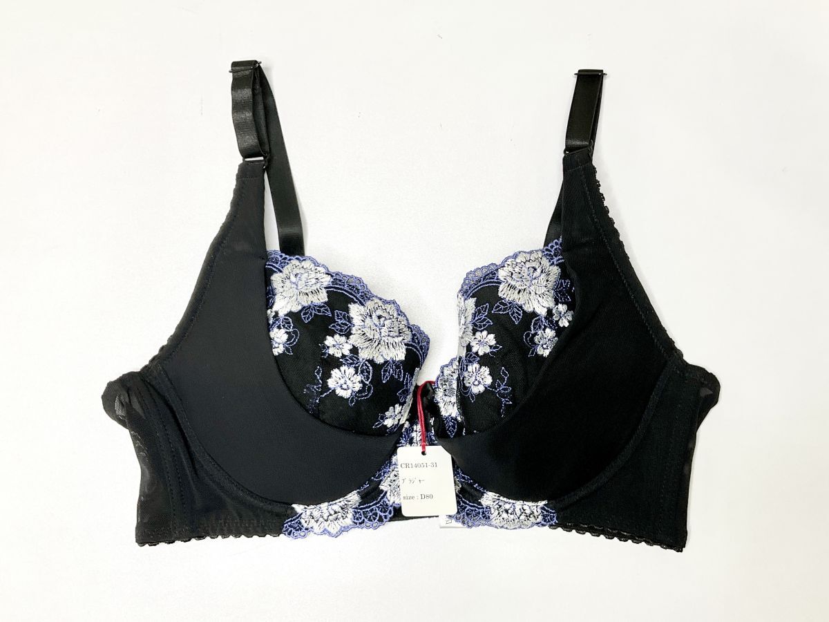 CR14051-31 IB⑥【特価】新品 大きい ブラジャー D80 ブラック 花柄 レース 脇高 刺しゅう 3/4カップ 華やか リフトアップ レディース拍卖