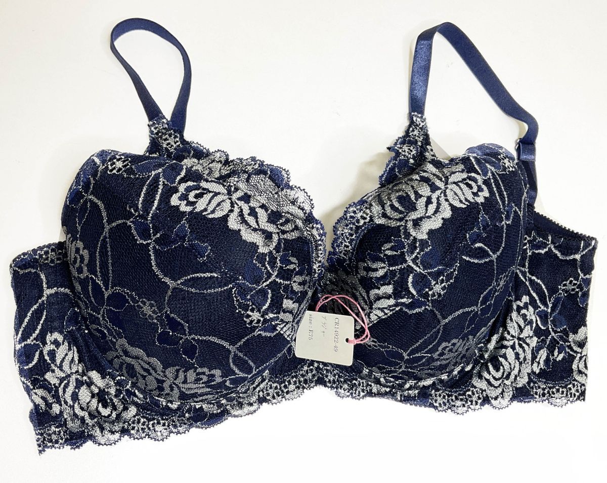 CR14922-49 IB⑥【特価】新品 大きい ブラジャー E75 1枚 ネイビー レース 花柄 脇高 刺しゅう フルカップ ストレッチ レディース拍卖