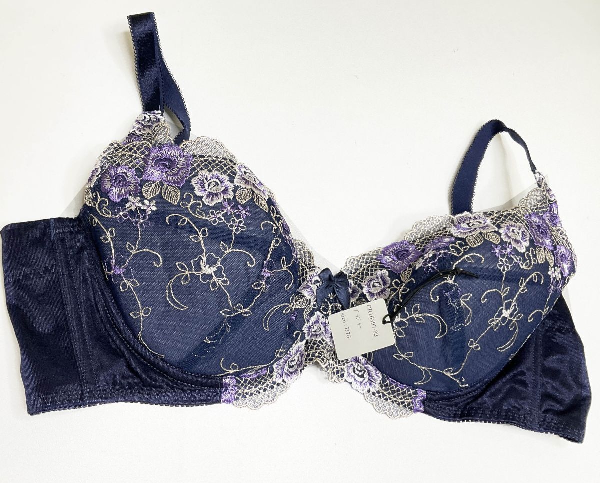 CR16397-32 IB⑦【特価】新品 大きい ブラジャー D75 1枚 ネイビー レース 花柄 リボン 脇高 刺しゅう 3/4カップ 華やか レディース拍卖