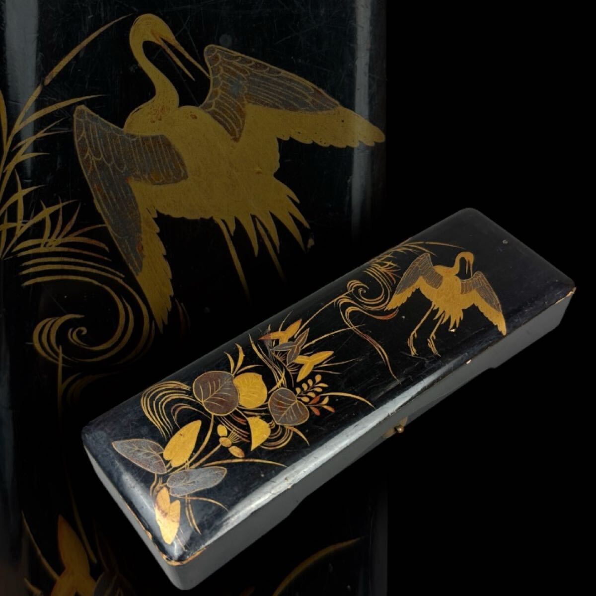 時代蒔絵 内梨地 川に鷺図 文箱 金縁 時代金具 短冊箱 古美術品 時代品 短冊箱 時代箱 漆塗 漆器 金蒔絵 銀蒔絵拍卖