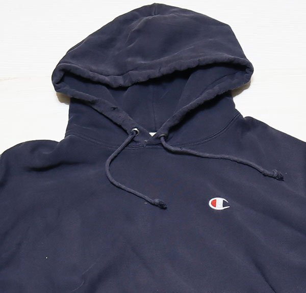 SW49チャンピオンCHAMPIONアメリカ古着スウェット パーカー フーディXLビッグサイズ紺系リバースウィーブ目玉トレーナー/オールドスタイル拍卖