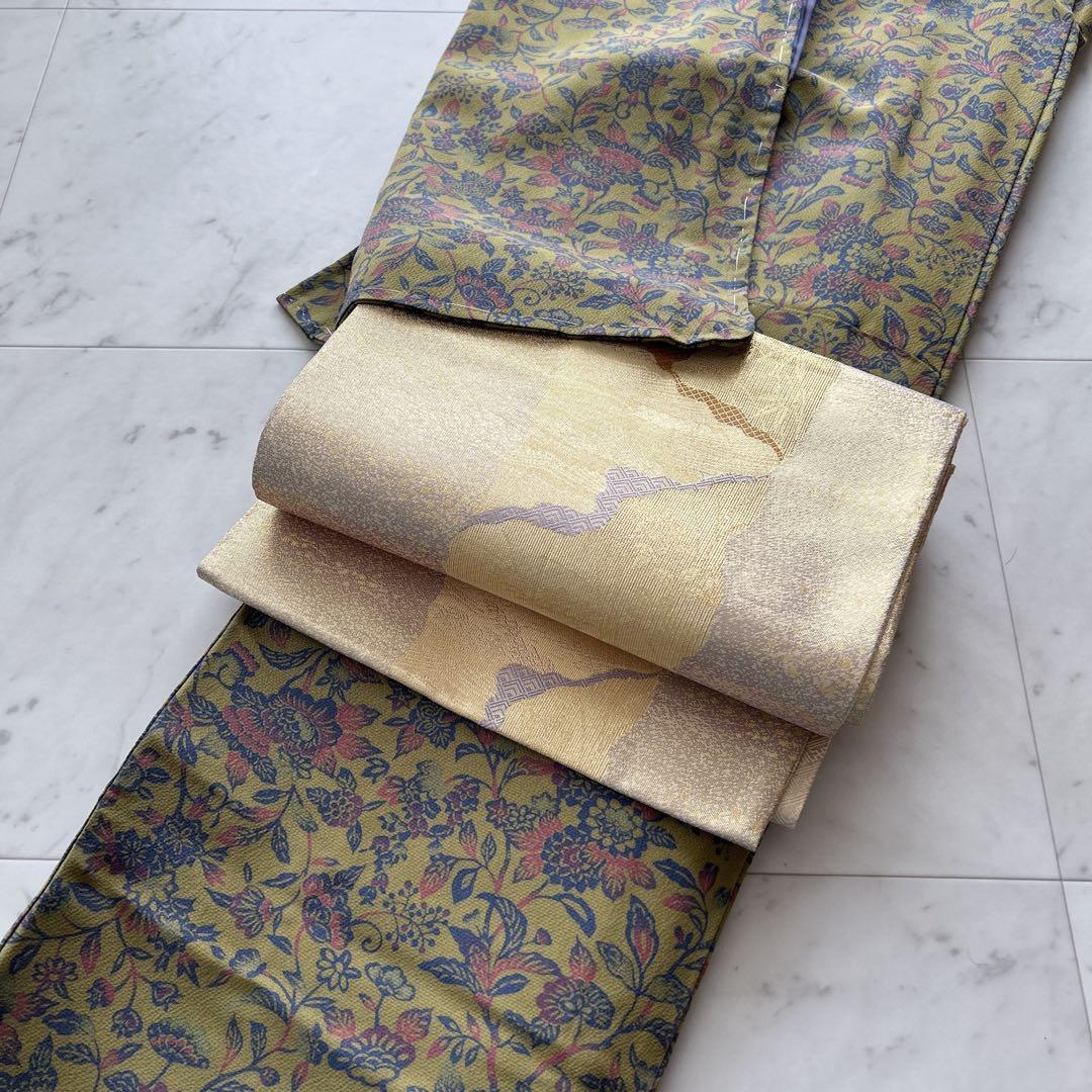 高級呉服つなしま 正絹小紋袷 緑花唐草柄 未使用お仕立て済 証紙あり拍卖