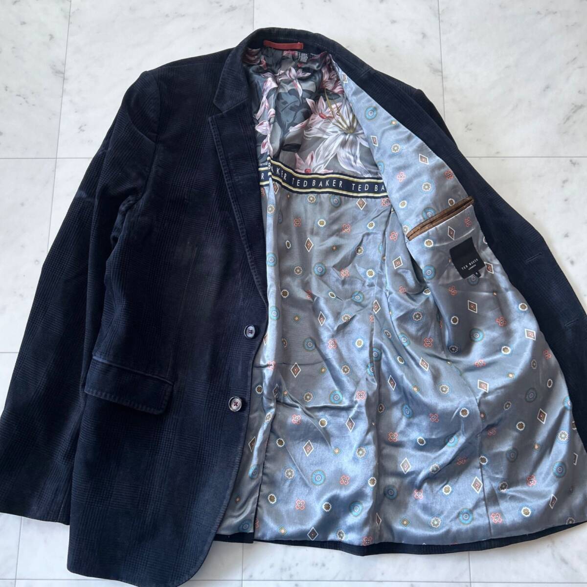 TED BAKER テッドベイカー ベロア ベルベット チェック テーラードジャケットダークグレー L~XL相当拍卖