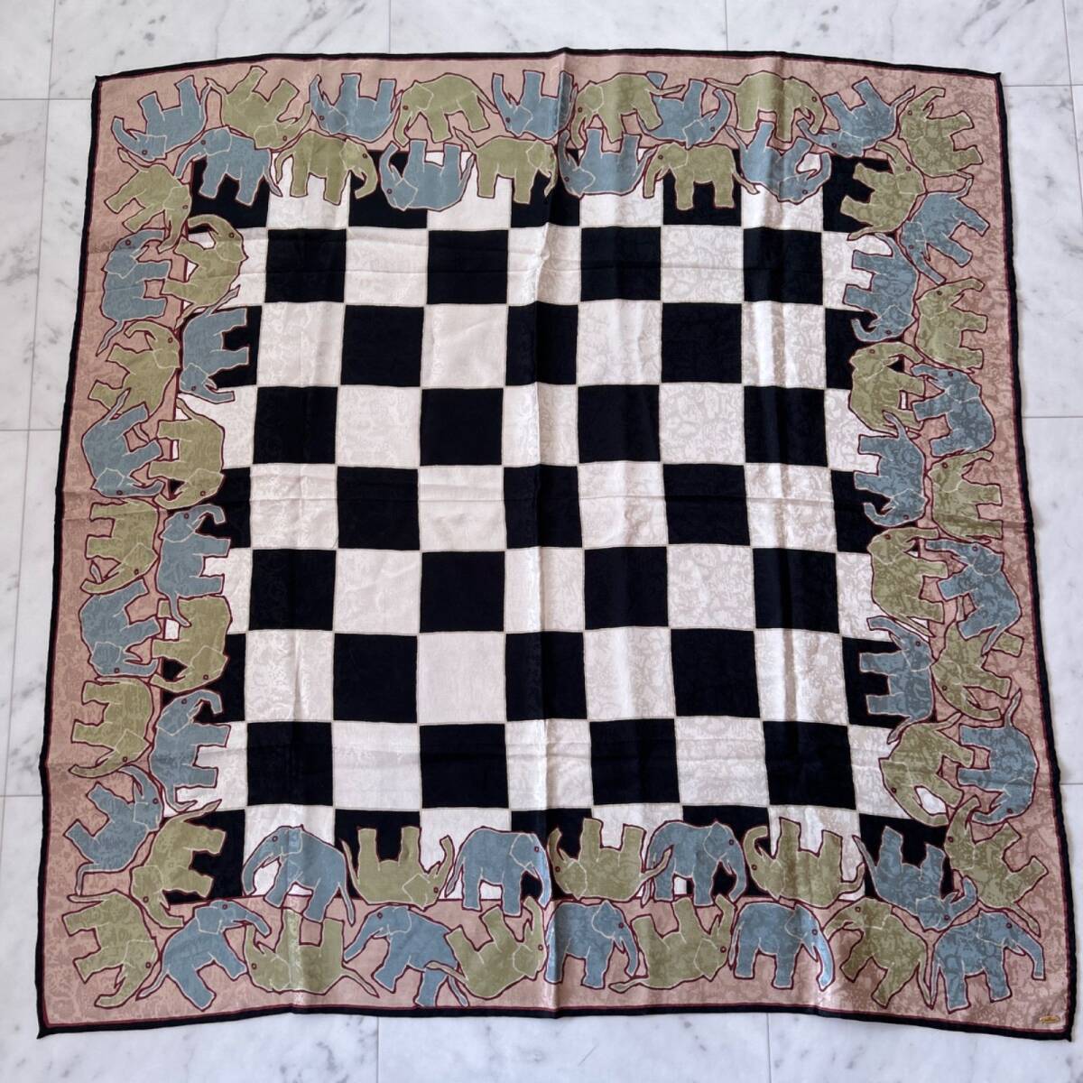 未使用 ジムトンプソン シルク大判スカーフ 象柄 チェック 82×82cm拍卖