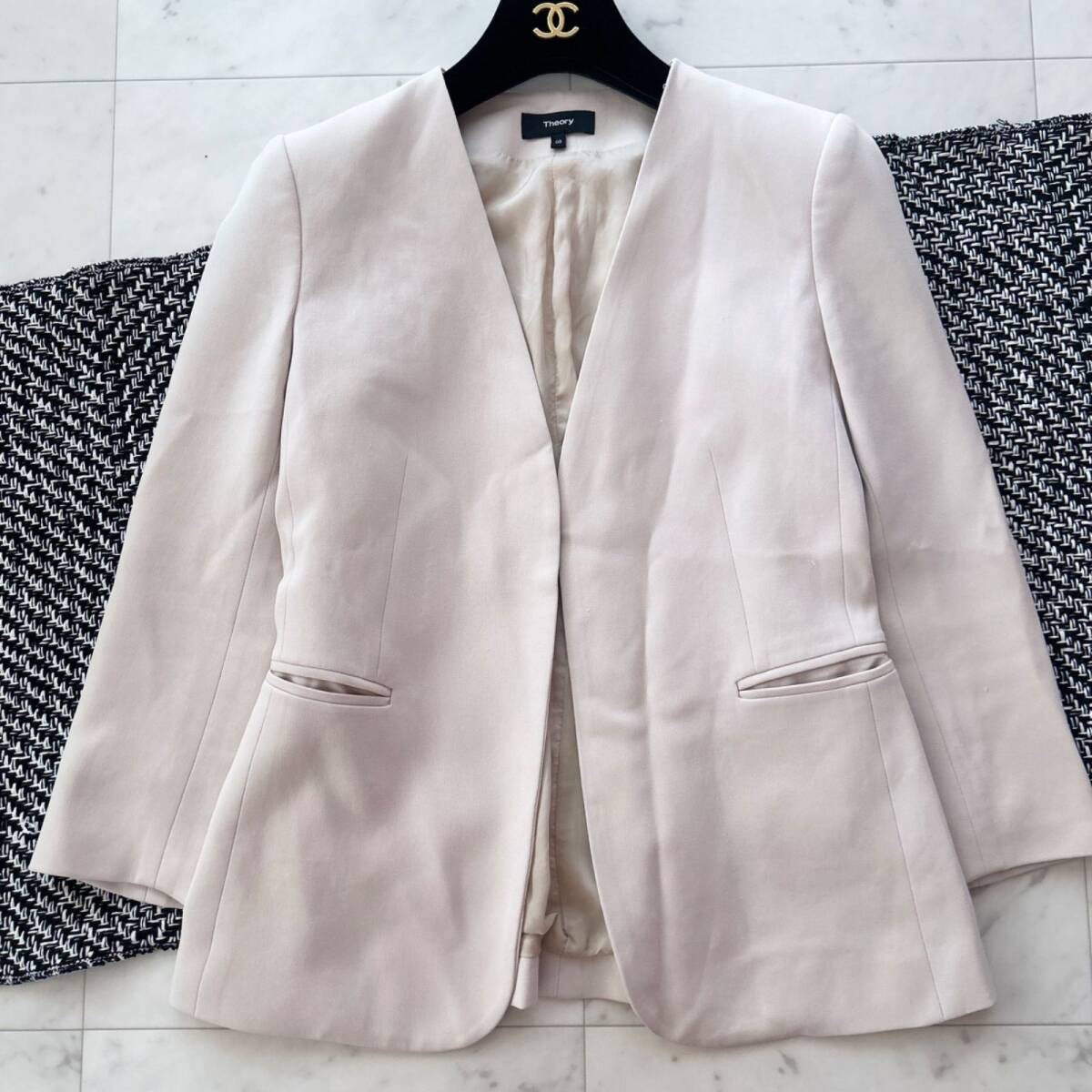 Theory セオリー ノーカラージャケット ベージュ 00サイズ ストレッチ拍卖