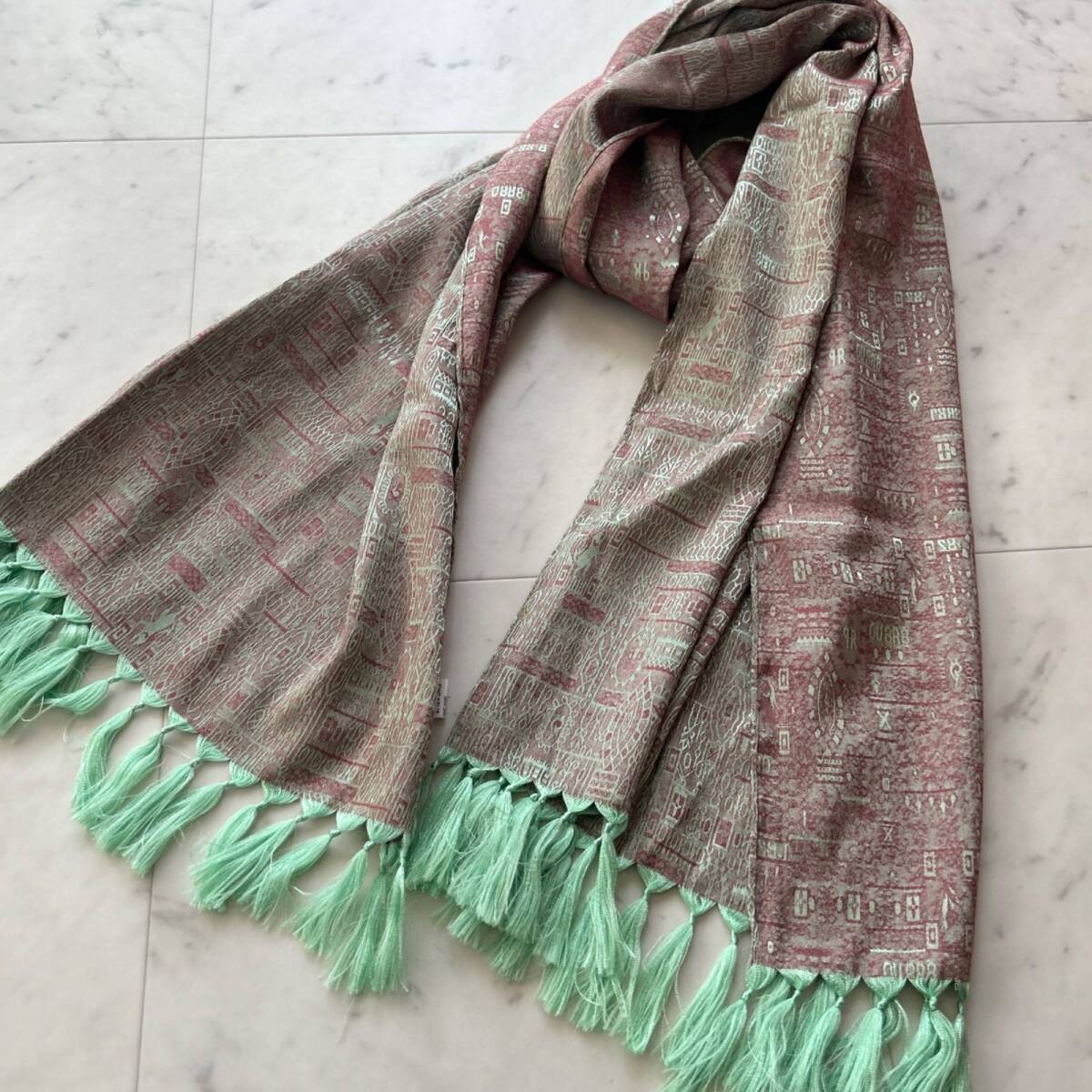 Thai Silk ストール 光沢 ミントグリーン×エンジ 170×53cm フリンジ付き拍卖