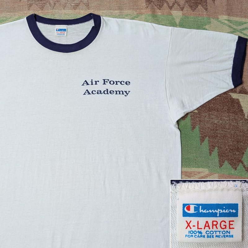 USAFA 染み込みプリント【チャンピオン】70年代 バータグ エアフォース アカデミー トリム リンガー Tシャツ XL USMA ビンテージ 60s70s80s拍卖
