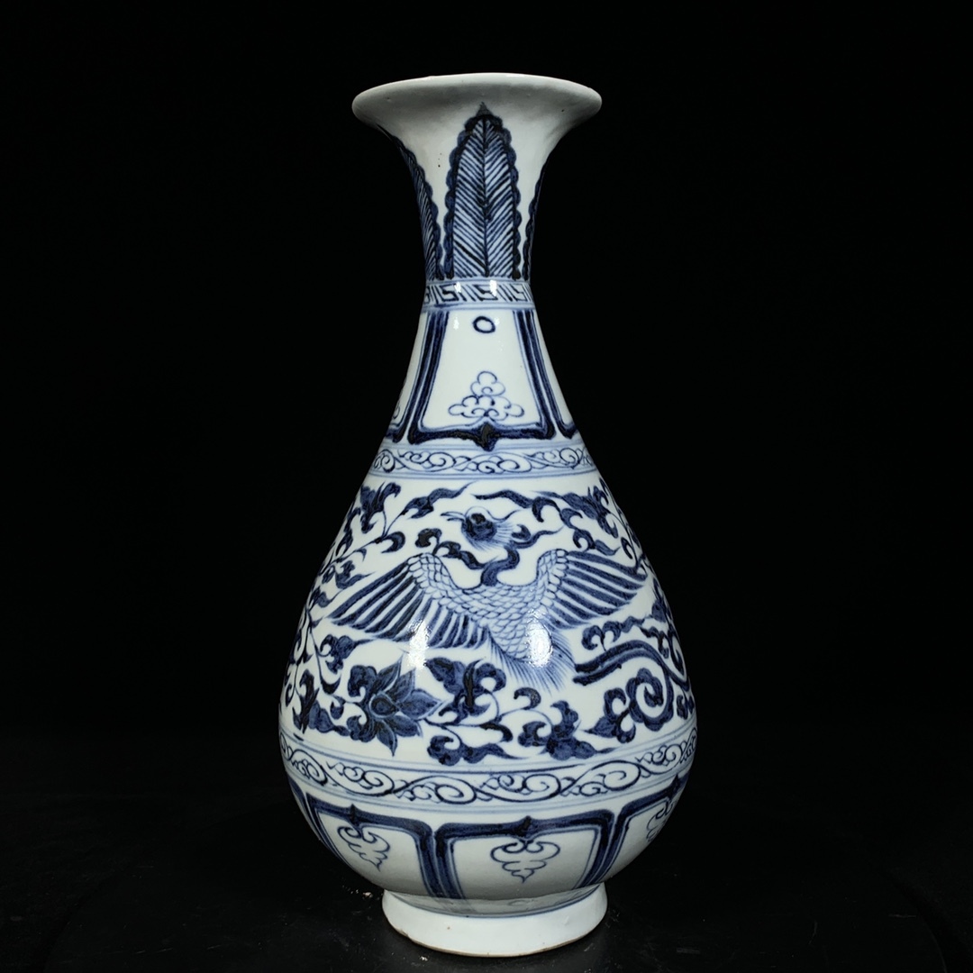 TM9#8728【3.1】中国骨董 人間国宝 磁器【元青花鳳紋玉壺春瓶】工芸品 施釉陶 青花磁 陶芸 精美彫 置物 收藏品 拍卖
