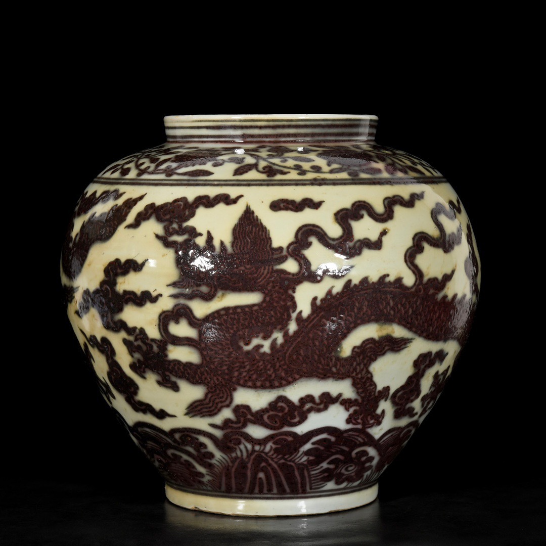 TM9#9161【3.1】中国骨董 人間国宝 磁器【元釉里紅双龍紋缶】工芸品 施釉陶 青花磁 陶芸 精美彫 置物 收藏品 拍卖