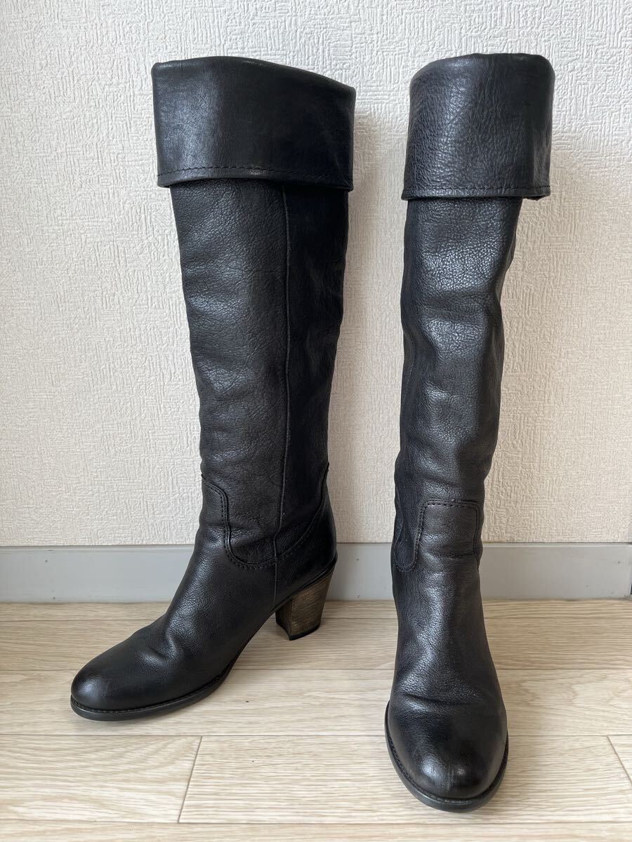 country view カントリービュー|折り返しレザーロングブーツ ブラック 23.5|日本製 本革 ニーハイブーツ ヴィンテージ風拍卖