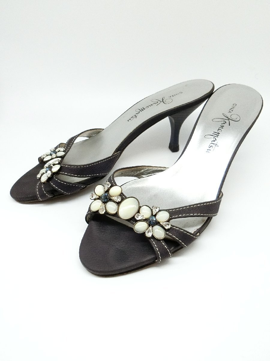 ■【YS-1】 銀座かねまつ ミュール ■ ビジュー付き 23cm ヒール約7.7cm ■ 黒 ブラック系 【同梱可能商品】■J拍卖