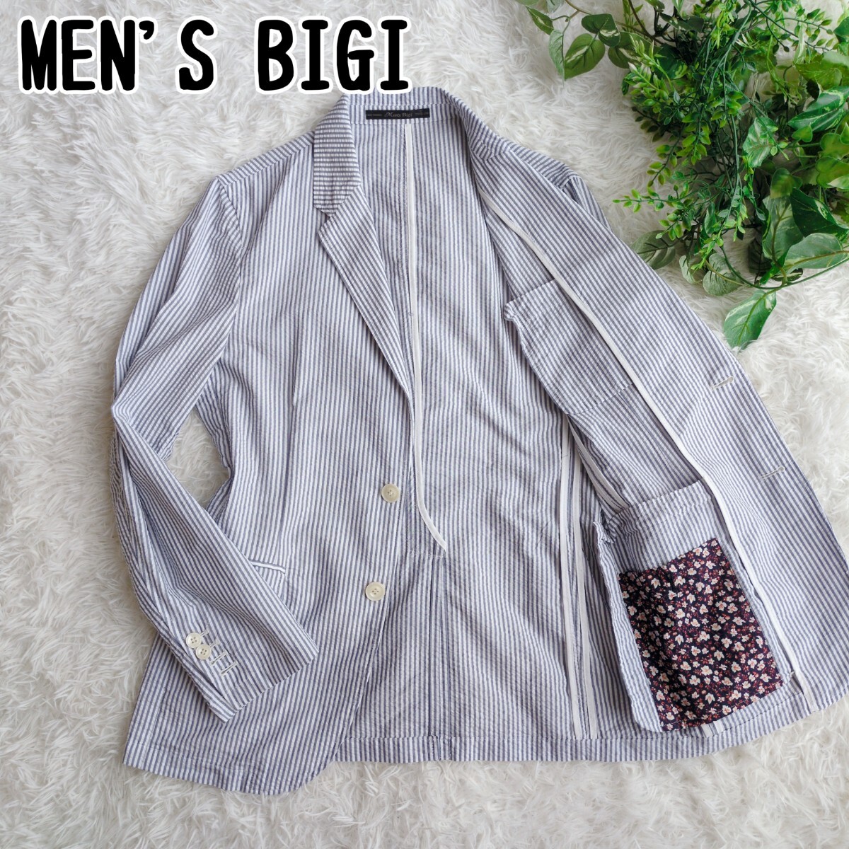 ■レアデザイン■MEN'S BIGI メンズビギ テーラードジャケット シアサッカー 花柄 フラワー ストライプ パイピング 軽量 速乾 2 M位拍卖