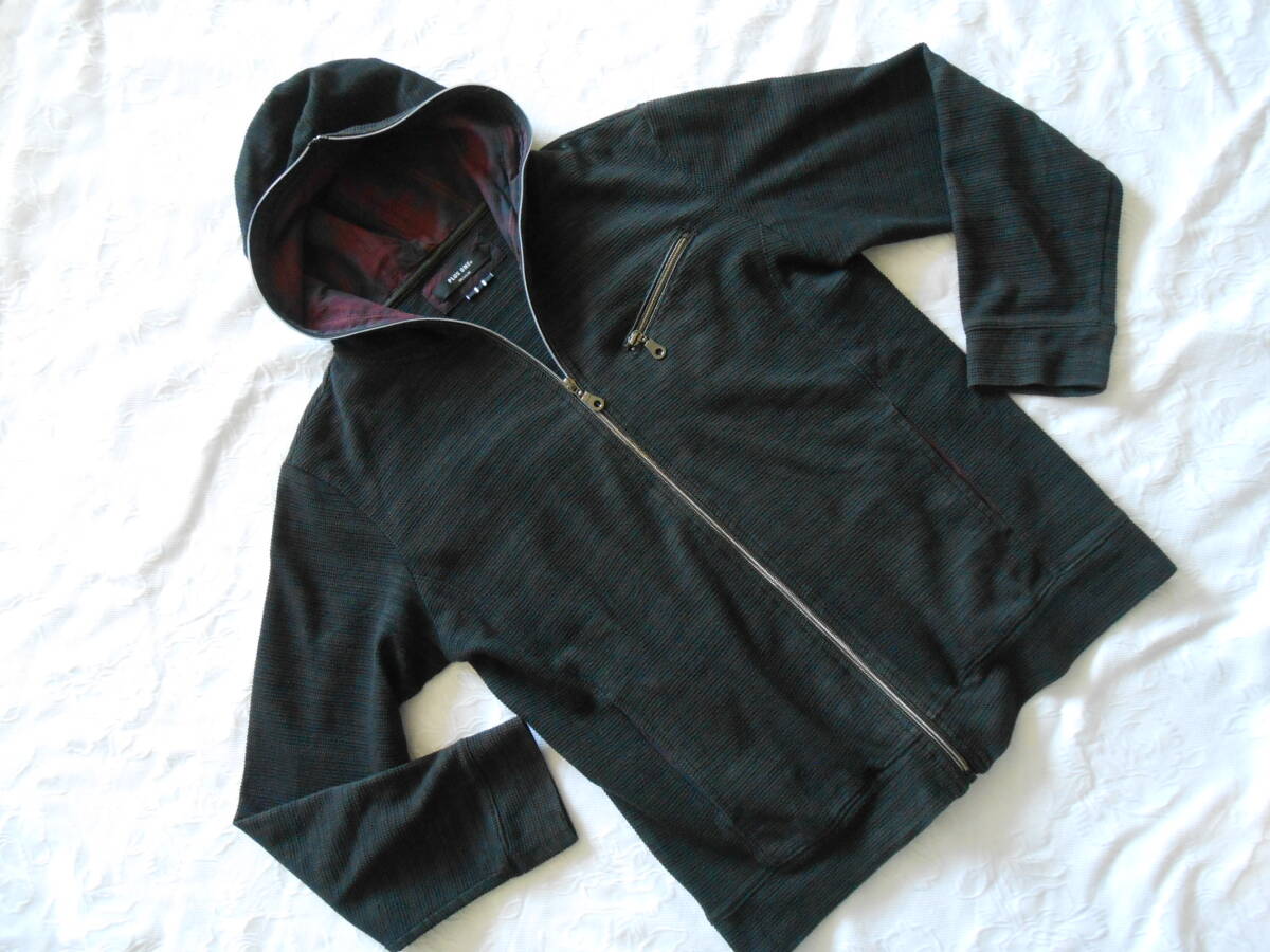 PLUS ONE プラスワン メンズ フード付きジップパーカー 黒ボーダー地織  Mサイズ拍卖